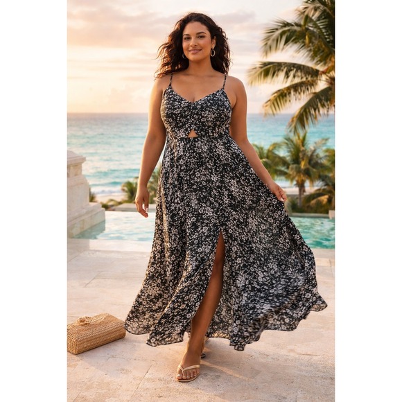 Pampelone Dresses & Skirts - PAMPELONE Floral Cutout Open Back Rayon Maxi Dress Black White XL Feminine